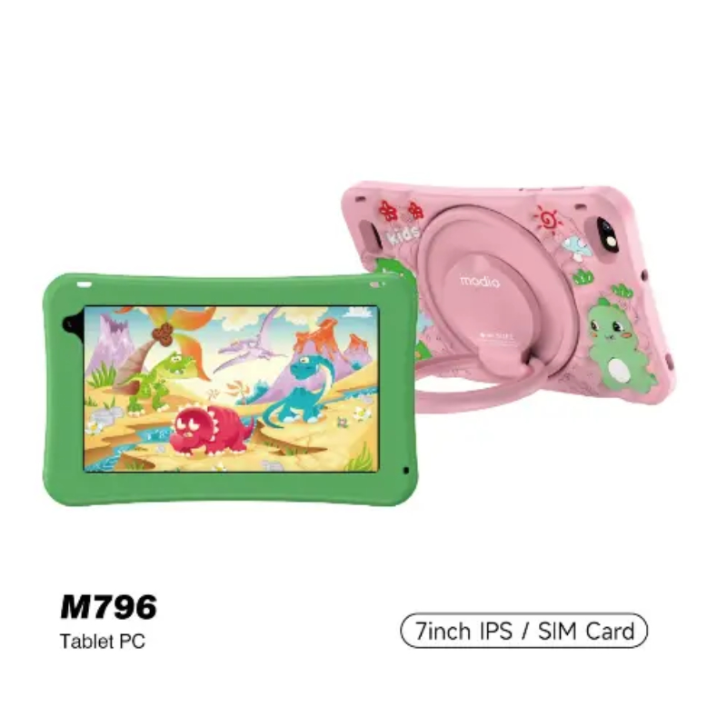 Modio M796 Kids Tablet Key Features Display: 7 inch IPS LCD touchscreen Processor: Quad-core, MediaTek RAM: 4GB RAM Storage: 256GB internal storage, expandable via microSD card Operating System: Android (customized for kids) Connectivity: Wi-Fi, Bluetooth, 4G-5G (SIM card support) Camera: Front-facing camera for video calls and selfies Battery: 4,000mAh Long-lasting battery for extended usage Colors: Blue, Pink, Red, Green.